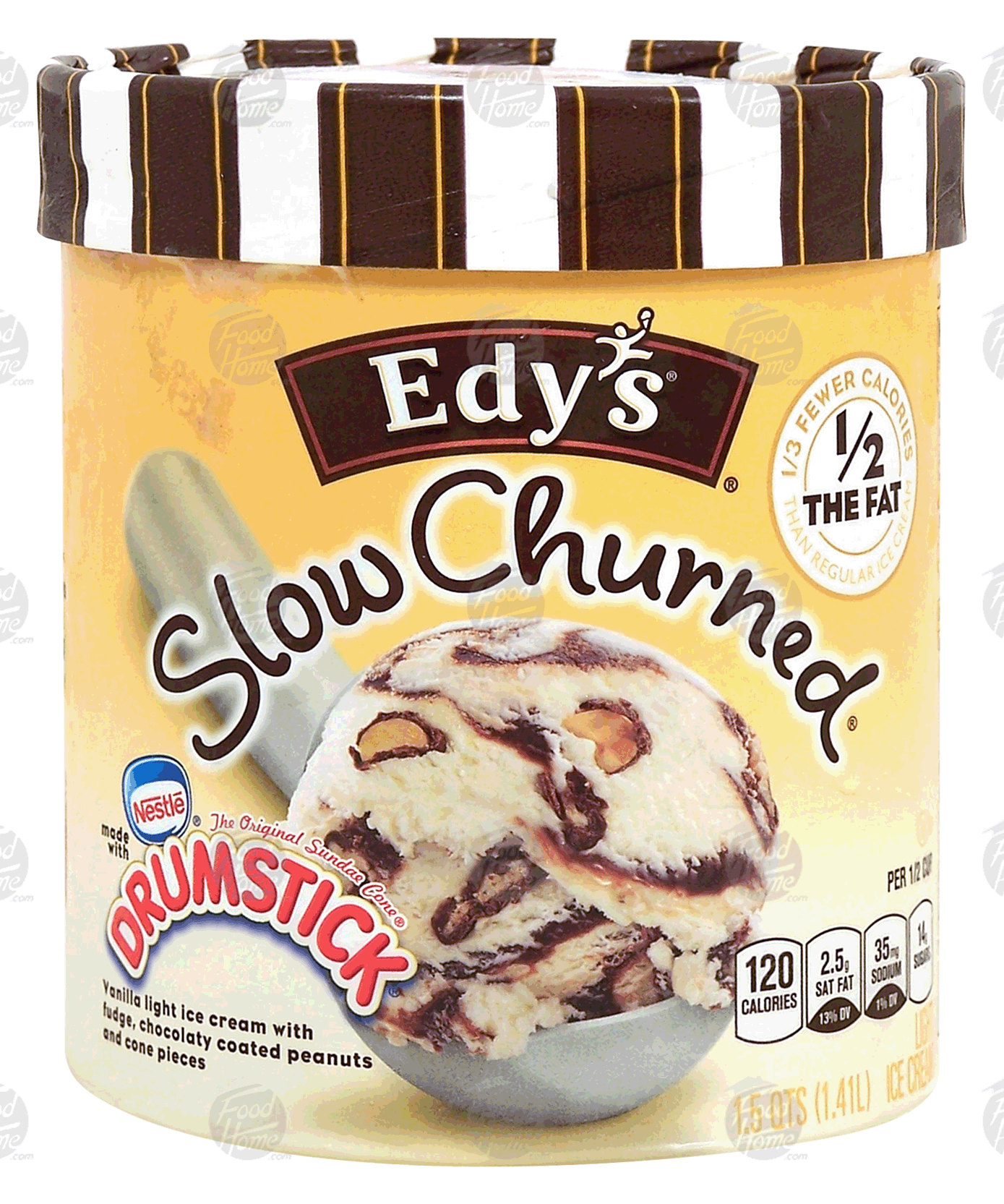 Edy's Slow Churned vanilla light ice cream with fudge, choco coated peanuts, and cone pieces Full-Size Picture